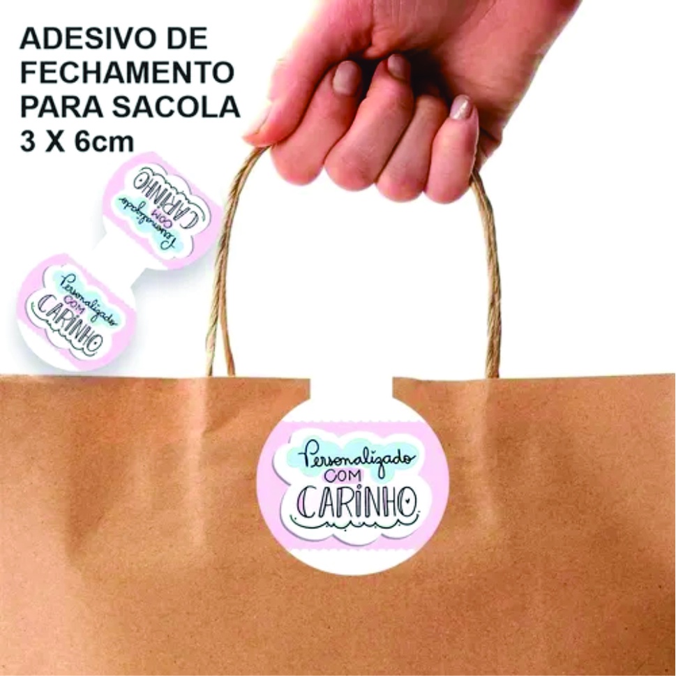 150 Adesivos Fecha Sacola 6x3cm Personalizados Modelo a escolha