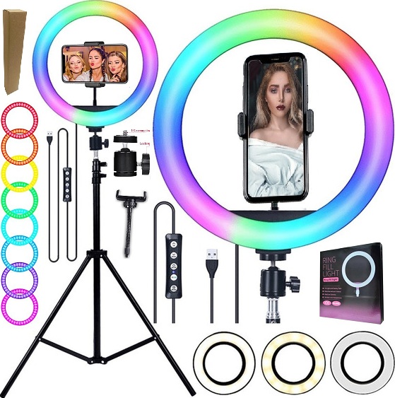 Ring Light Grande Anel Led Luz Iluminador Rgb Colorido Hing Light 26cm Universal Celular Iphone Android + Tripé 2,10m