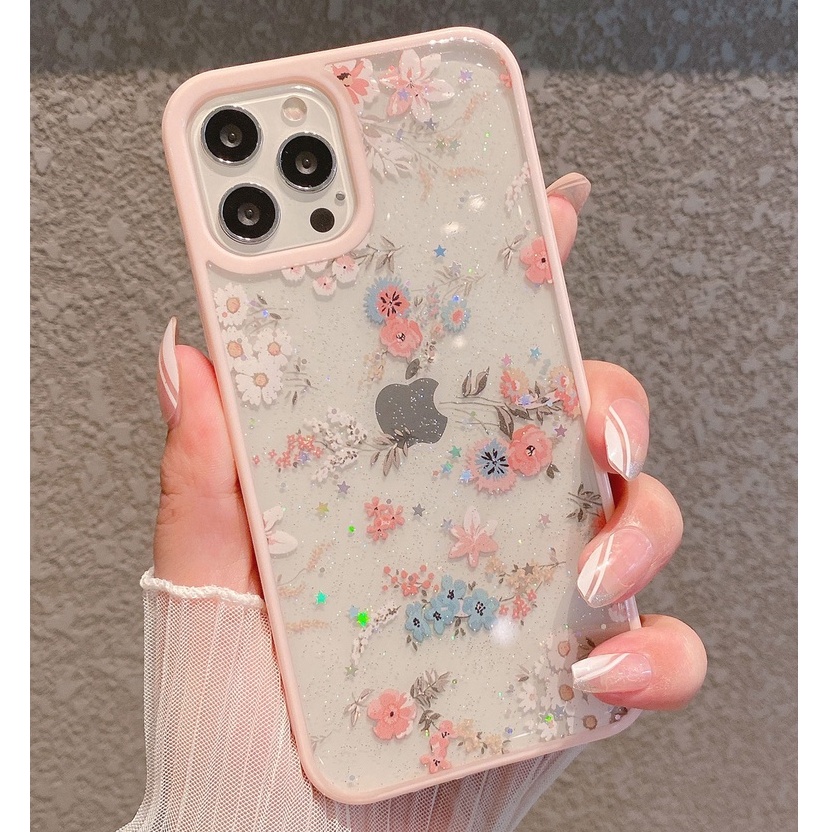 Capa Capinha iPhone 7 8 Plus Se X Xs Xr 11 12 13 Pro Max Case Flor e Glitter Caso em Gel Transparente Feminina