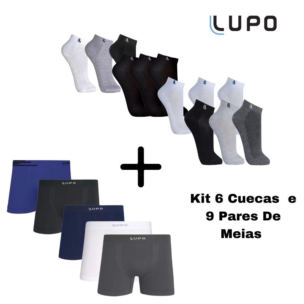 Kit 6 Cuecas Boxer/Box Micro Fibra e 9 Pares De Meia Cano Curto Lupo