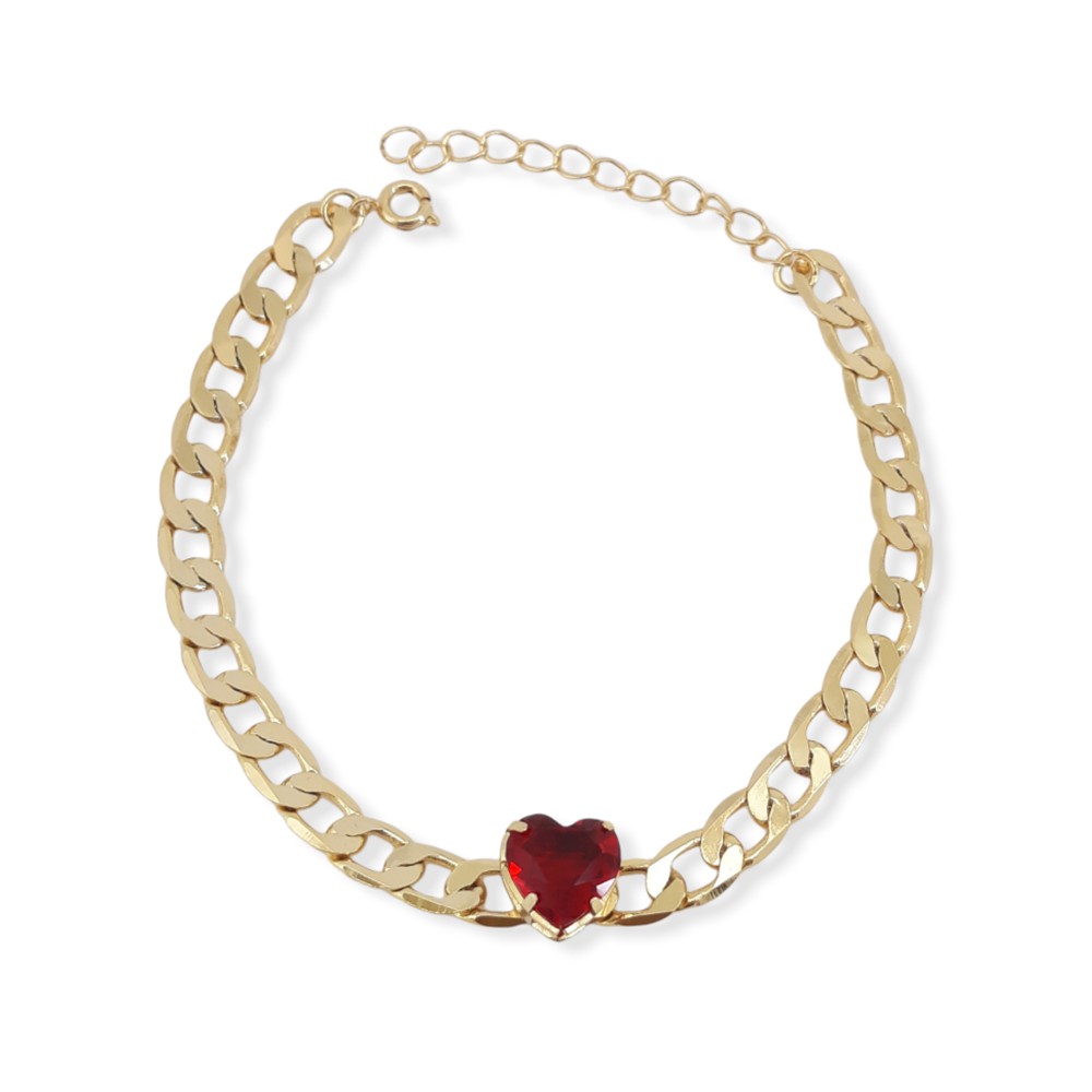 PULSEIRA ELOS ADULTO FOLHEADO A OURO COM CORAÇÃO EM ZIRCÔNIA R:805