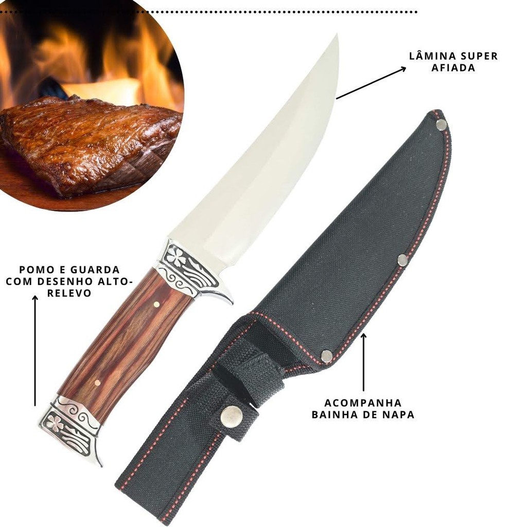 Faca Churrasco Caça e Pesca Cabo Artesanal Em Madeira e Metal Cabo Pomo Desenhado Aço Inox Com Bainha