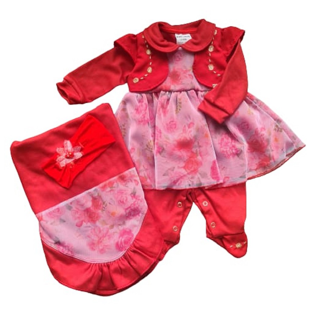 Saída de Maternidade Bebe Menina Luxo Vestido Vermelho Floral 4 Peças Recém nascido Bebê Manta Macacão Faixa de Cabelo