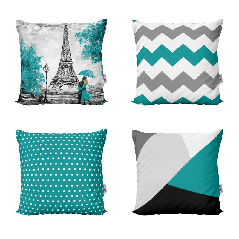 Almofadas Decorativas Azul Turquesa Torre Eiffel Paris Para Sofá 40x40 - Novadecora