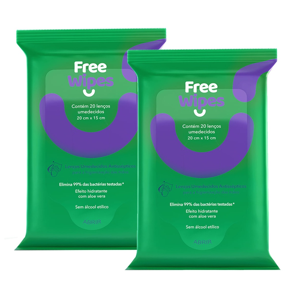 lenço umedecido antisseptico free wipes kit com 2 unidades 20 lenços cada em Oferta na Shopee