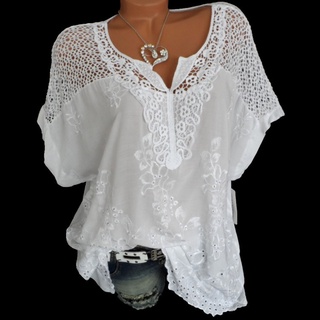 Camisa Feminina De Manga Curta Com Renda 2022 Summer Loose White Top Oca Casual Plus Size