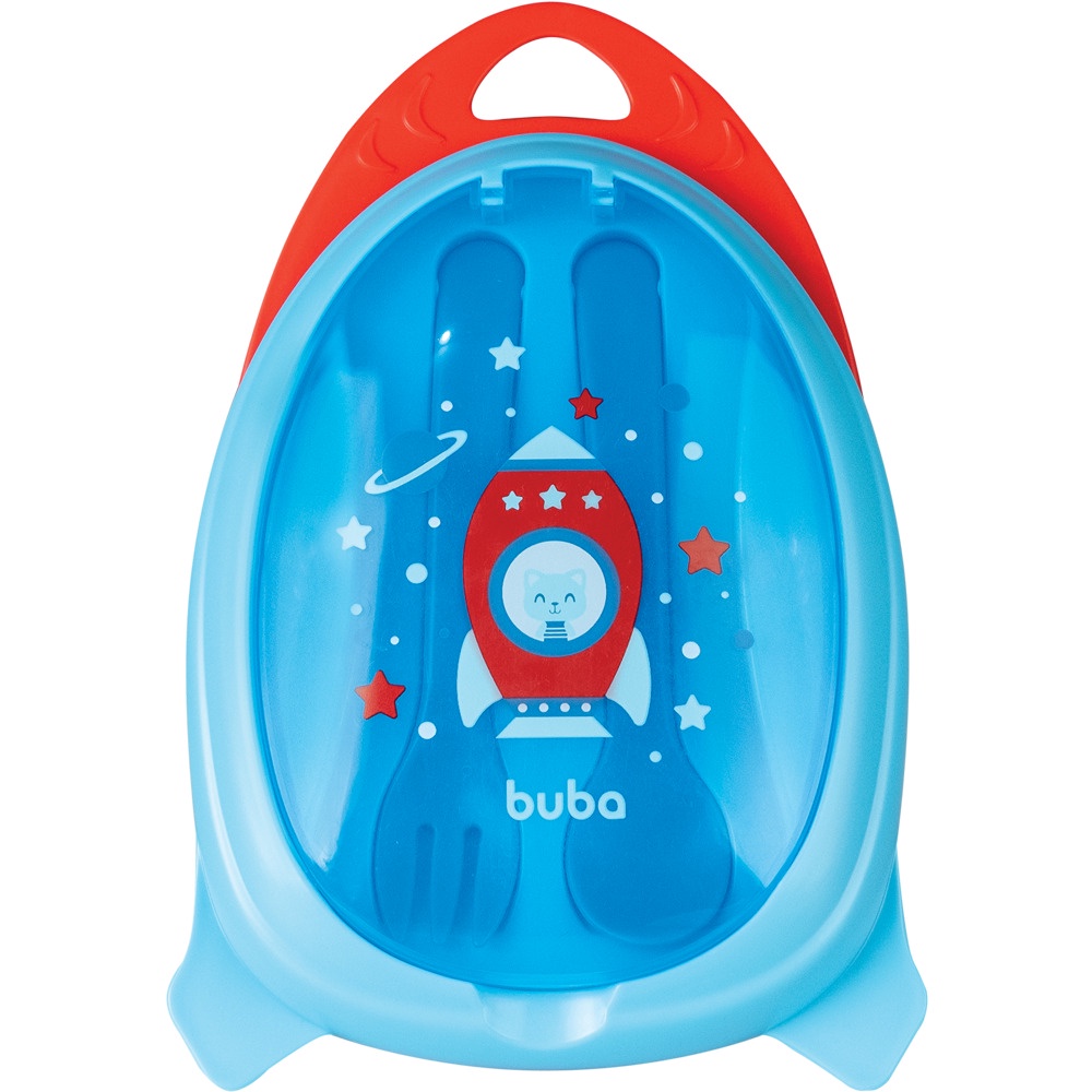 Kit Refeicao Foguete Bebe Infantil Com Divisoria Colher e Garfo Azul Meninos 13514