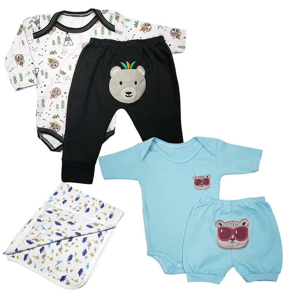 Kit Bebê 5 Peças Conjuntos Body Short Mijão Bordado e Cueiro