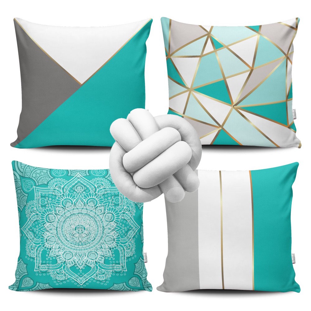 Kit 4 Capas de Almofada Mandala Verde + Almofada Nó Branco