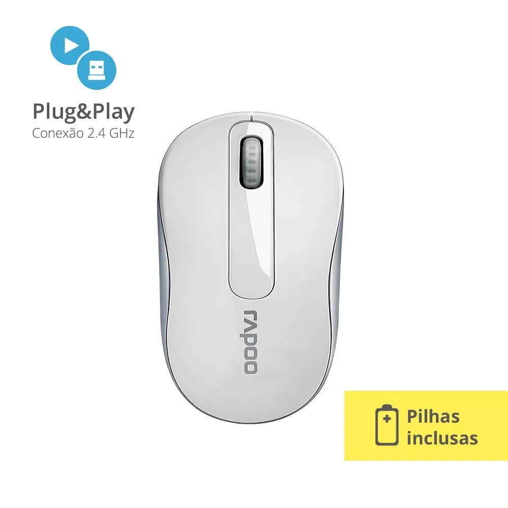 Mouse sem fio Rapoo M10, 2.4 Ghz, 3 Botões, 1000 DPI, Branco 5 Anos de Garantia Pilha Inclusa