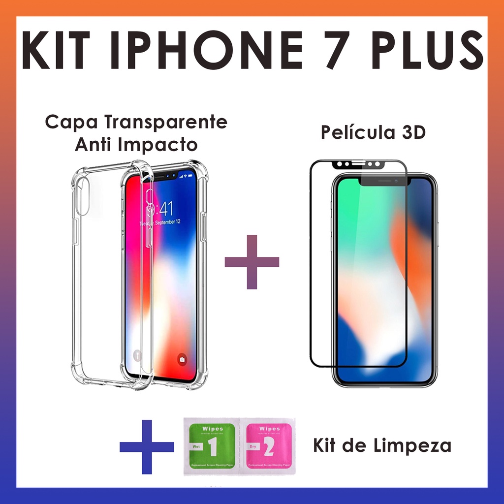 Capa Capinha Case TPU com borda de proteção + Película Frontal 3D + Kit de limpeza (Kit iPhone 7 Plus )