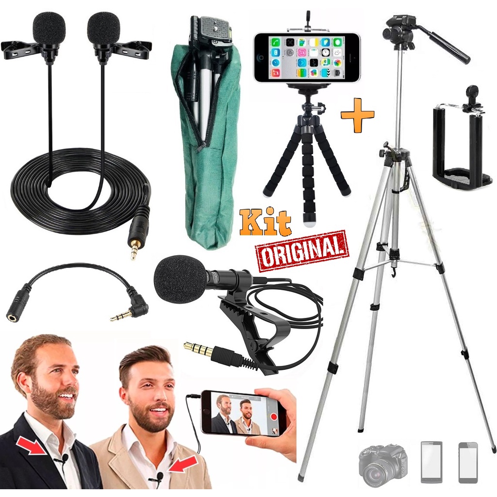 Kit Youtuber Microfone de Lapela Profissional Microfone Duplo Tripé 1,30m Câmera Celular Iphone Android Vídeo Entrevista