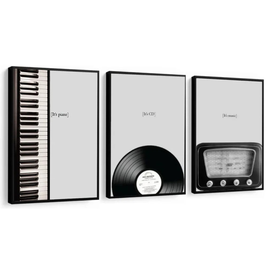 Kit 3 Quadros Decorativos Rádio Disco de Vinil Teclado Preto e Branco Música Moldura