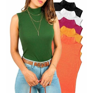 Blusa gola alta sem manga  malha canelada com elastano moda blogueira