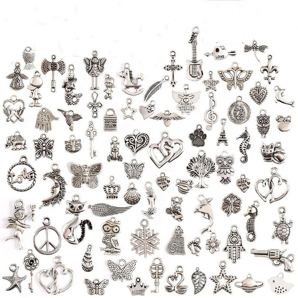 100 Pcs Granel Tibetano Jóias Pingente De Prata Misturada Fazendo Artesanato Diy Animal Da Flor Do Coração Encantos