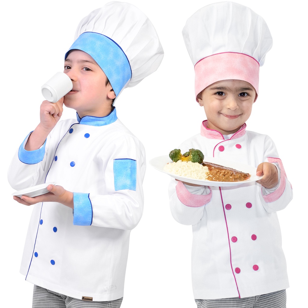 Conjunto Chef de Cozinha Infantil Dólmã e Chapéu Colorido 02 a 14 Anos