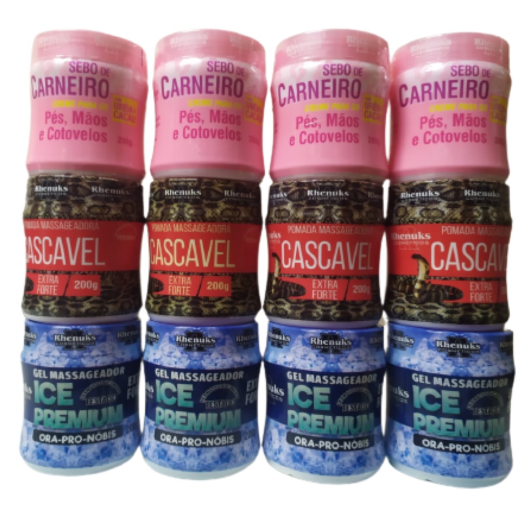 Kit Revenda4 Gel Massageador Gel Sebo de Carneiro, Gel Ice Premium, Gel Cascavel Atacado
