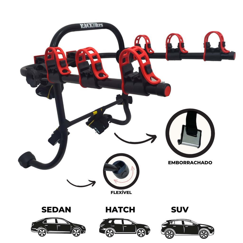 13 - Suporte para bike Transbike para 3 bicicletas SAPATA Preto tira Vermelha Sedan Hatch