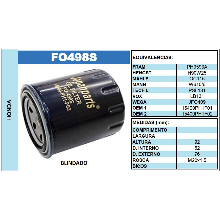 FILTRO ÓLEO HONDA CIVIC CRV ACCORD PRELUDE PASSPORT 1993 1994 1995 1996 1997 1998 1999 2000 2001 2002 2003 2004 2005 200