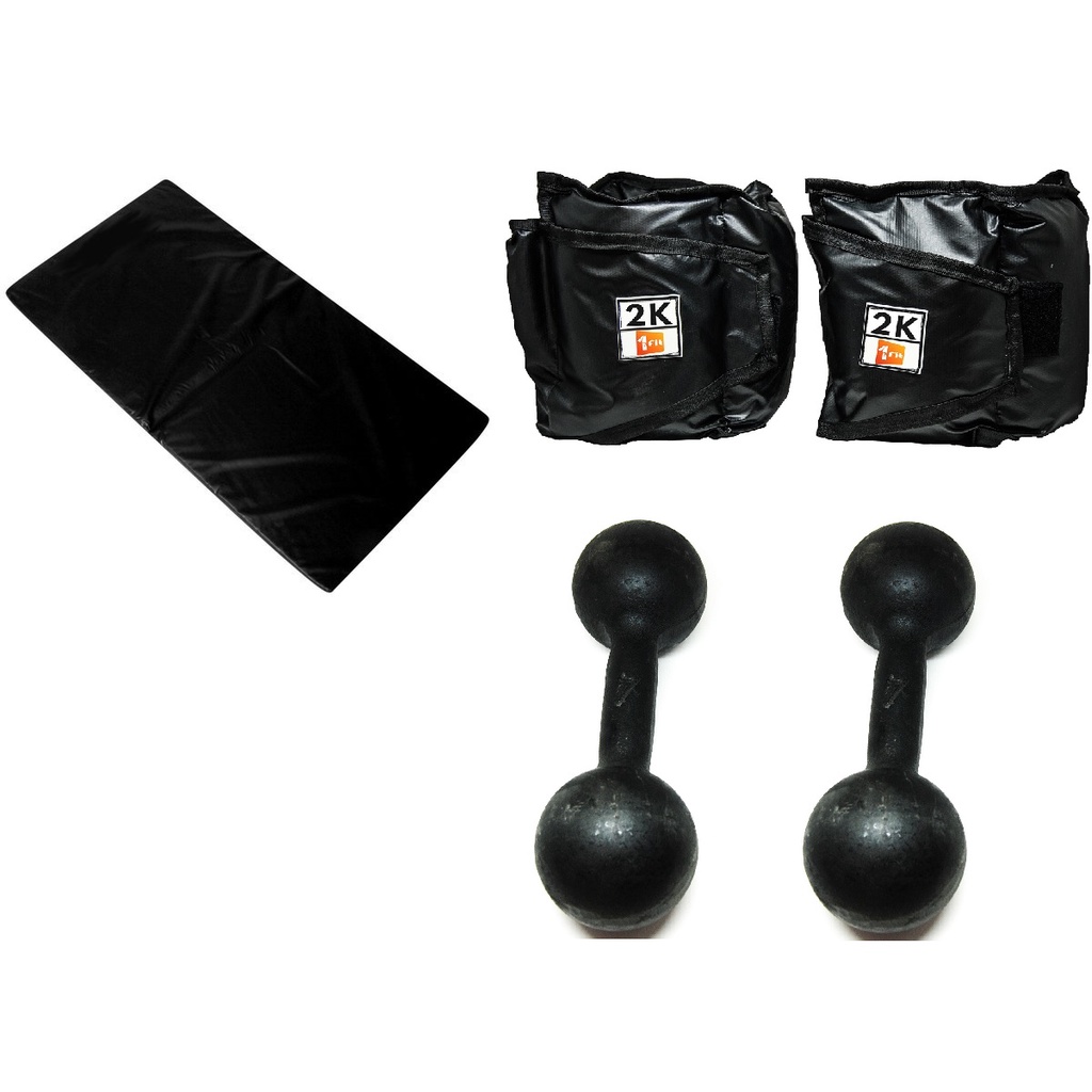 Kit Colchonete Preto + Par de Caneleira Tornozeleira De Peso 2kgs Profissional + Par de Halter Bola Pintado 7kg