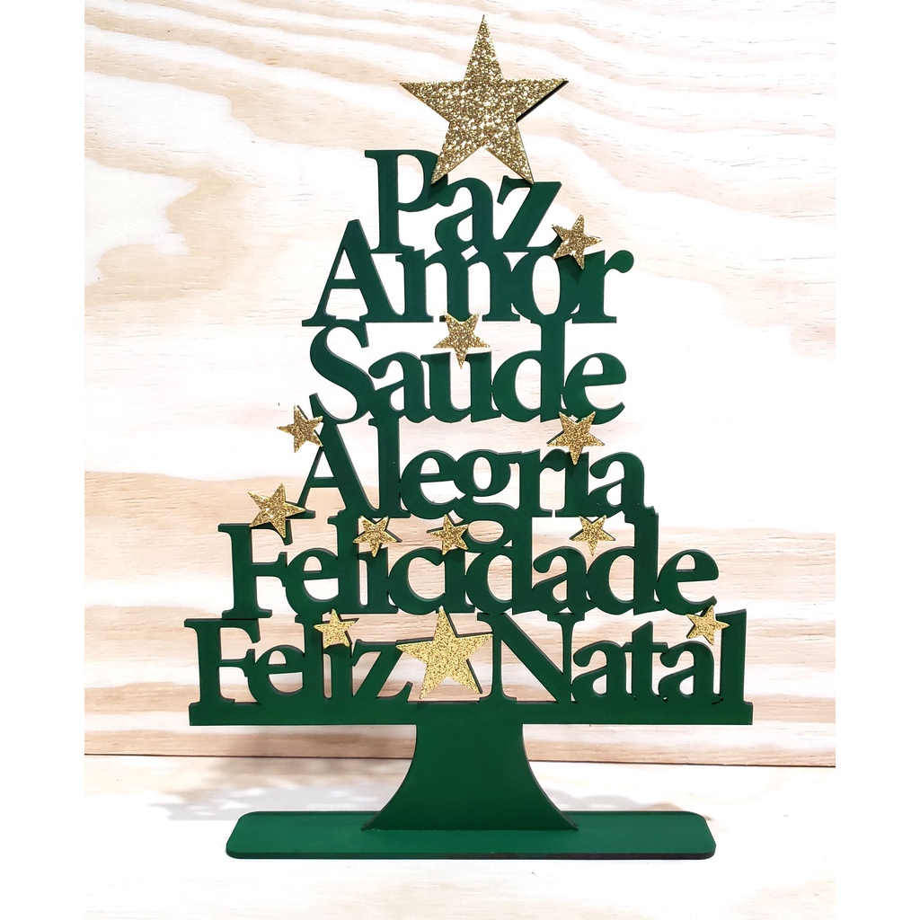 Arvore natal de MDF com palavras e apliques e EVA Glitter decoração natalina 33 cm