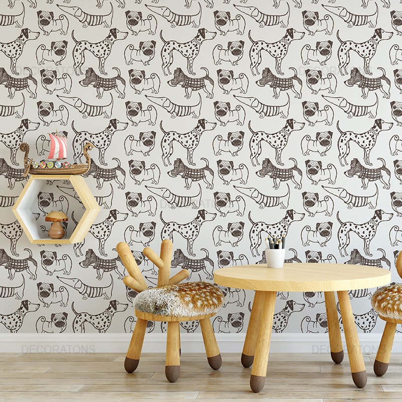 Papel de Parede Cães Pug com Dachshund e Dálmata 1mx57cm FOF44N
