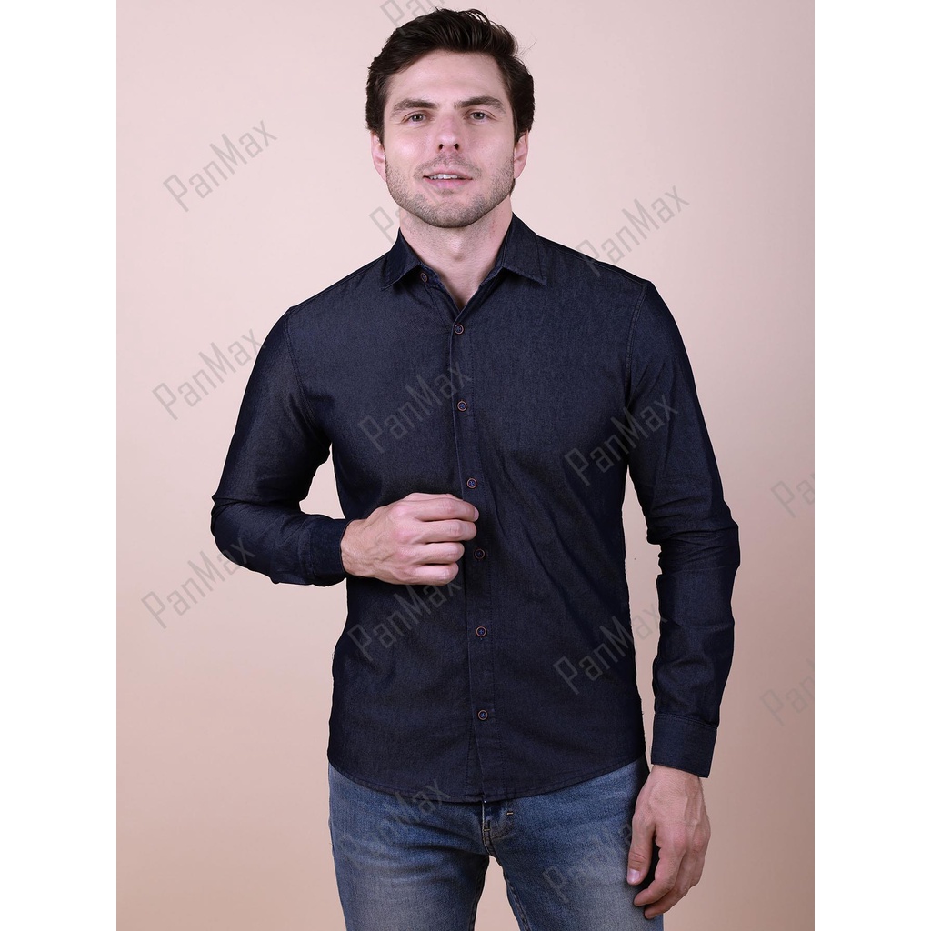 Camisa jeans social manga longa lisa 100% algodão