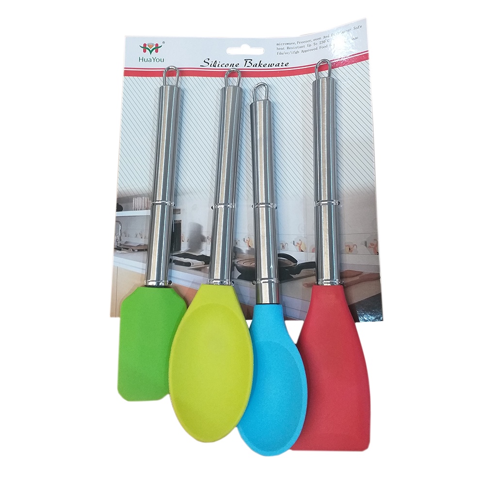Kit Utensílios Talheres Cozinha Silicone Cabo Inox 4 Peças