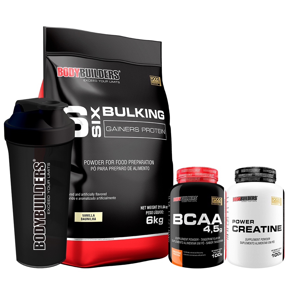 Kit Hipercalórico 6 Six Bulking 6kg + Power Creatina 100g + BCAA 4,5 100g + Shaker - Bodybuilders
