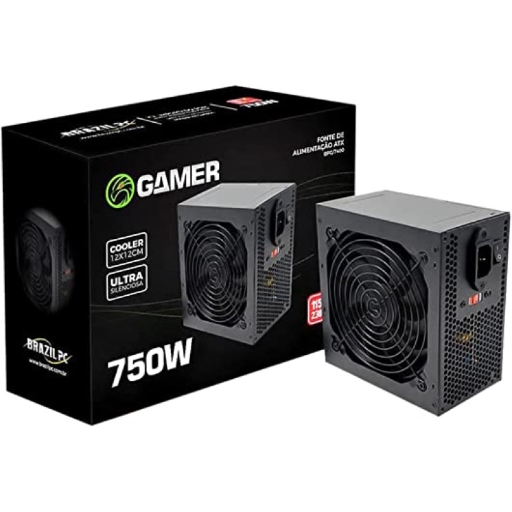 Fonte de alimentação para PC Gamer BPC/7400 750W 115V/230V / Pino Auxiliar 4+4 / Pino PCI-e 6+2 / Ultra silenciosa