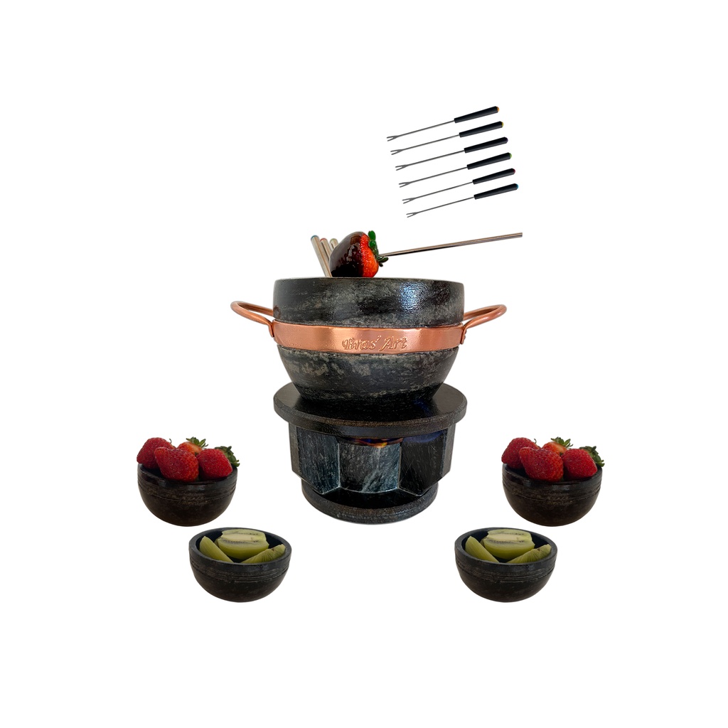 Kit fondue de chocolate completo panela 800ml de pedra sabão  rechaud de pedra sabão 6 garfinhos inox 4 tigelinhas de pedra sabão 150 ml para frutas
