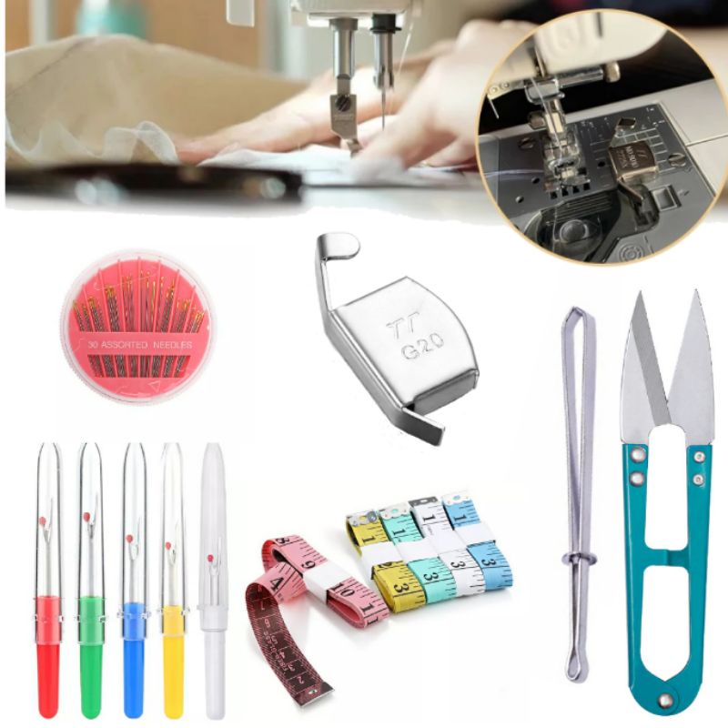 kit costura, kit agulha de mão,  Abridor de Casa, fita métrica, passa elástico, tesoura de arremate e guia magnética.1