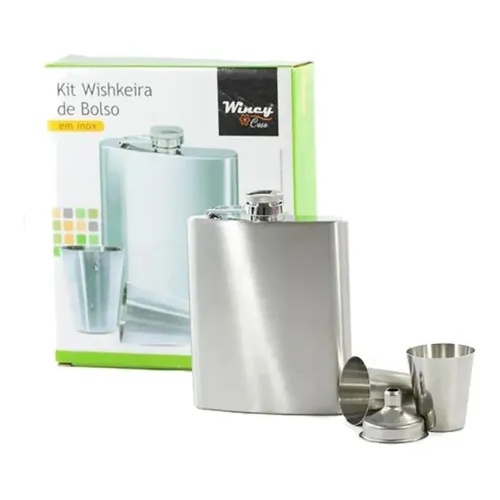 Kit Whiskeira Cantil De Bolso Em Aço Inox 2 Copo Funil 210ml