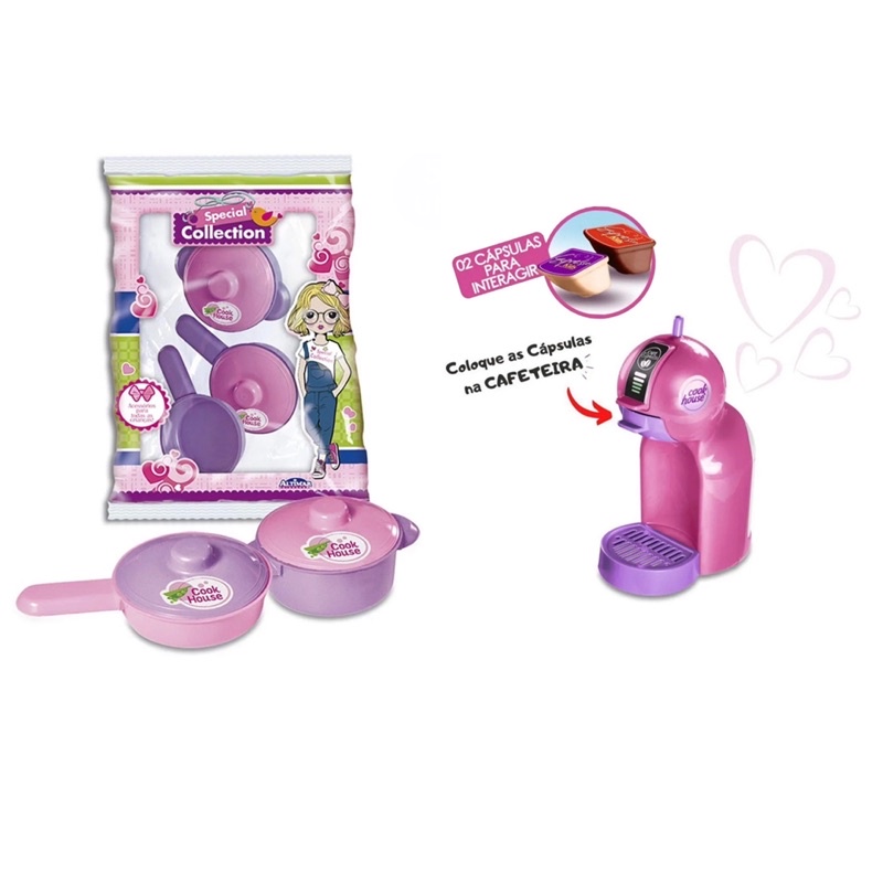 Kit panelinja e Cafeteira De Brinquedo Rosa Expresso Kids Cozinha Infantil + 3 Panelinhas e 2 Tampas