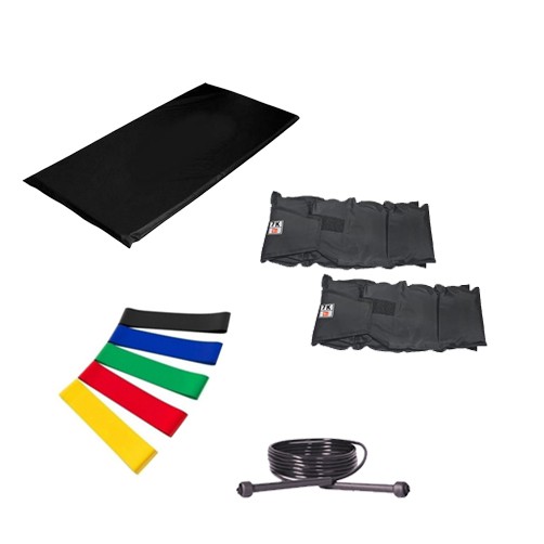 Kit Colchonete Preto + Par de Caneleira Tornozeleira De Peso 7kgs Profissional + 5 Mini Band Elástico para Exercícios + Corda de Pular Ajustável