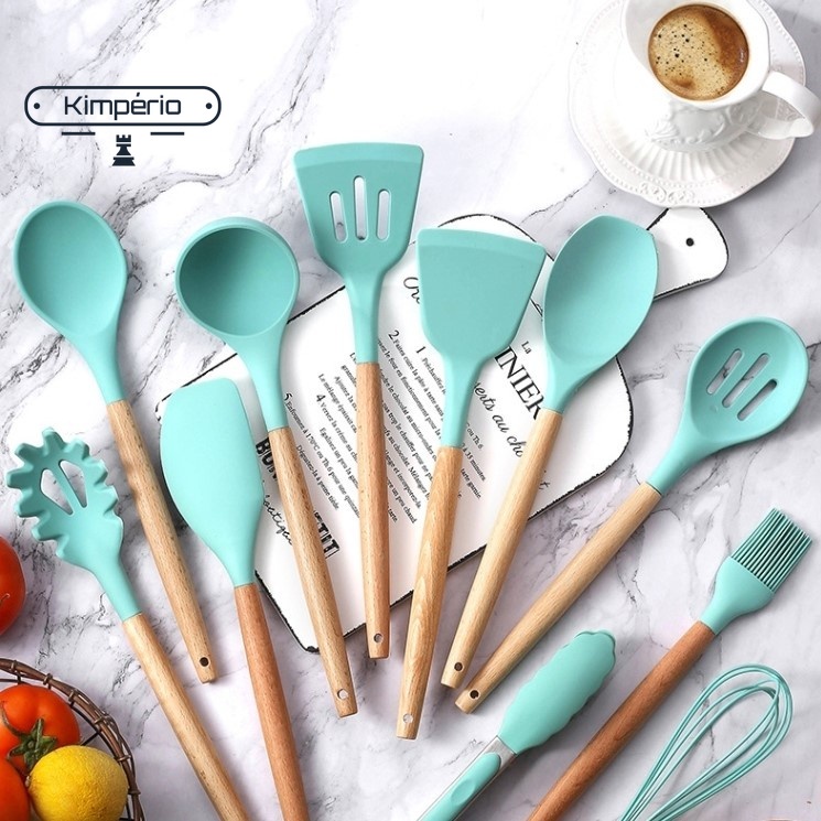 Kit Conjunto 7 pçs Pegador Espátula Silicone E Madeira Utensílios