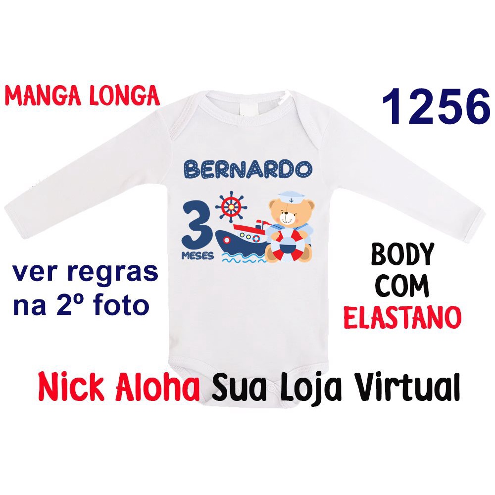 BODY BEBÊ MANGA LONGA PERSONALIZADO URSO MARINHEIRO MÊS DE ANIVERSÁRIO CÓD 1256