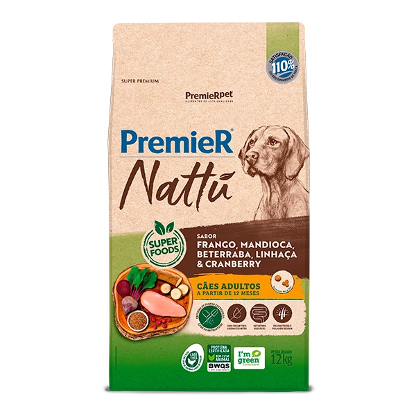 Ração Premier Nattu para Cães Adultos Sabor Mandioca - 12Kg