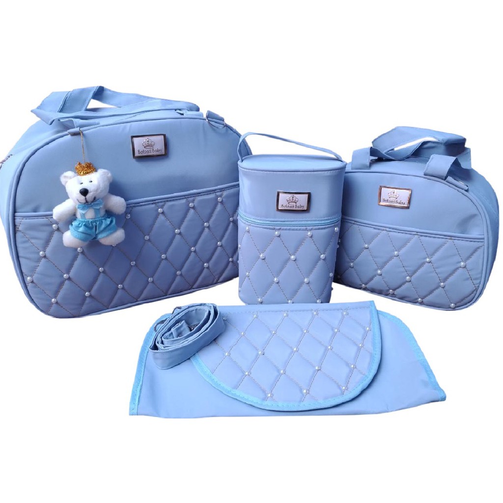 kit 4 peças bolsa bebê saída maternidade com porta mamadeira e trocador Menino Azul bebê em Oferta na Shopee