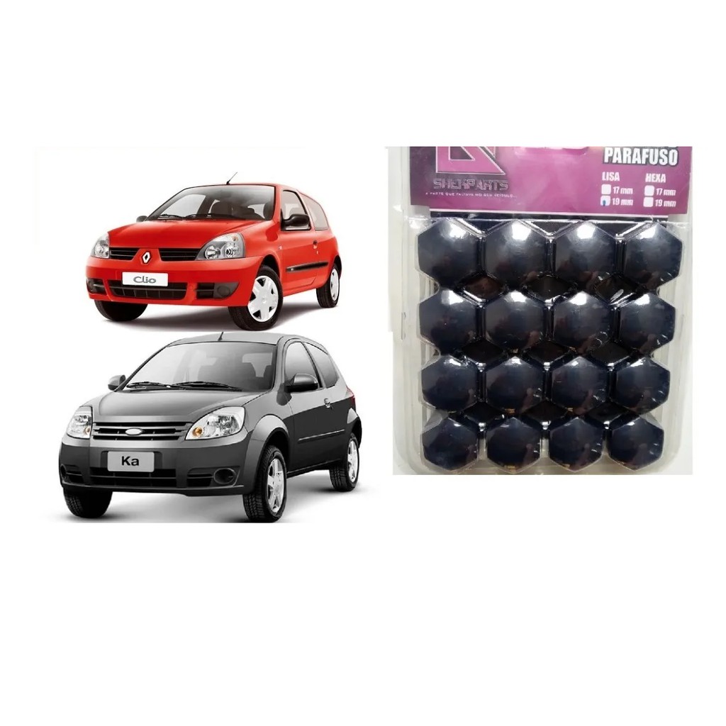 Jogo Kit 16 Capa Tampa De Parafuso De Roda 19mm Preto P/ Uno Palio Astra Logus Fiesta Ka Clio 19mm