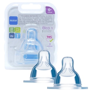Bico Duplo Mamadeira MAM c/ 2 un. N1 0+ meses Fluxo Lento Original Silicone Recem Nascido
