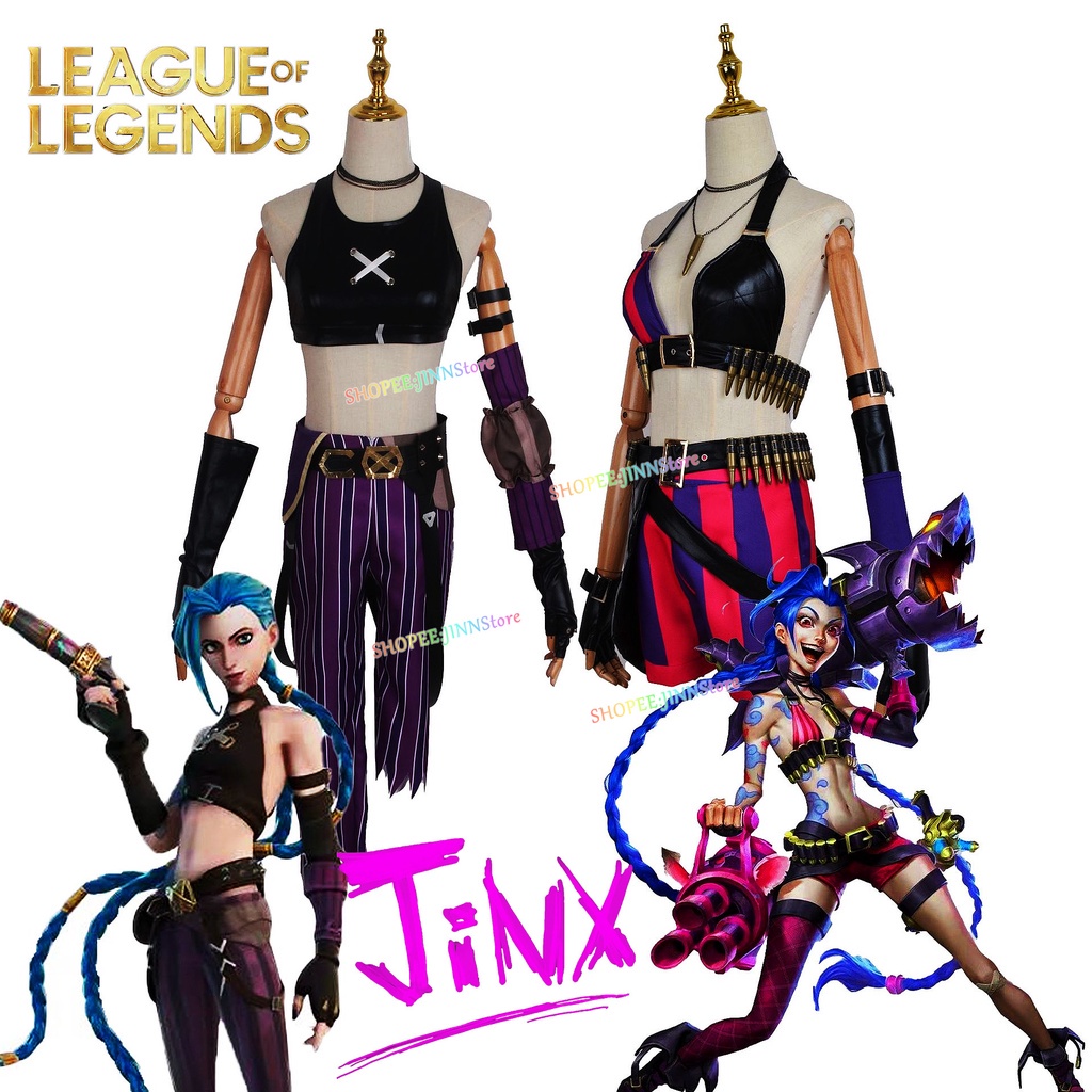 JINN Arcane Jinx Cosplay Jogo LOL pow-Mulheres Sexy Festa Top Calças Conjunto Completo Traje