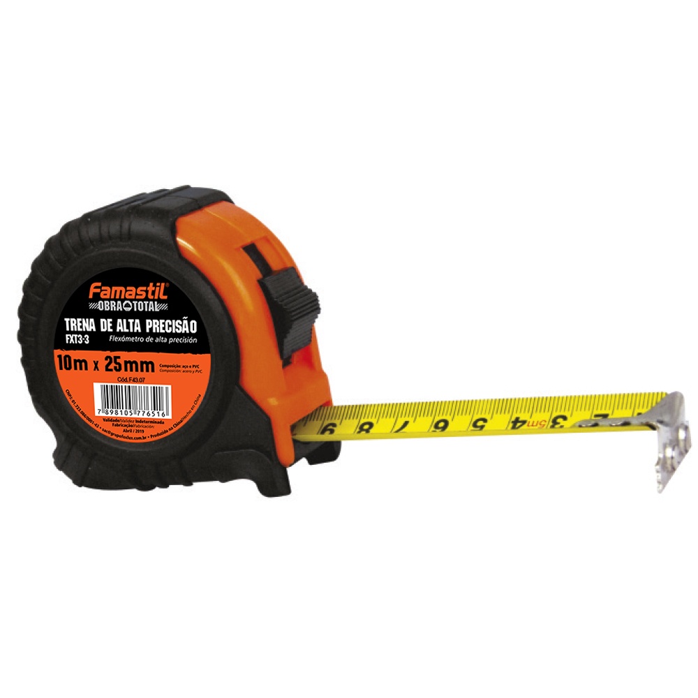 Trena Emborrachada 10 Metros x 25mm Famastil F43.07 Com Trava Medição Profissional