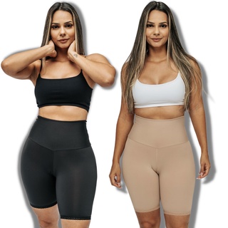 Shortinho modelador com renda delicada cós alto duplo segunda pele bermuda esconde celulite
