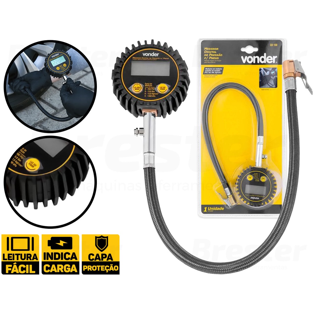 Medidor Digital De Pressão P/ Pneus 200 Psi 13,8 Bar Vonder 3599310150
