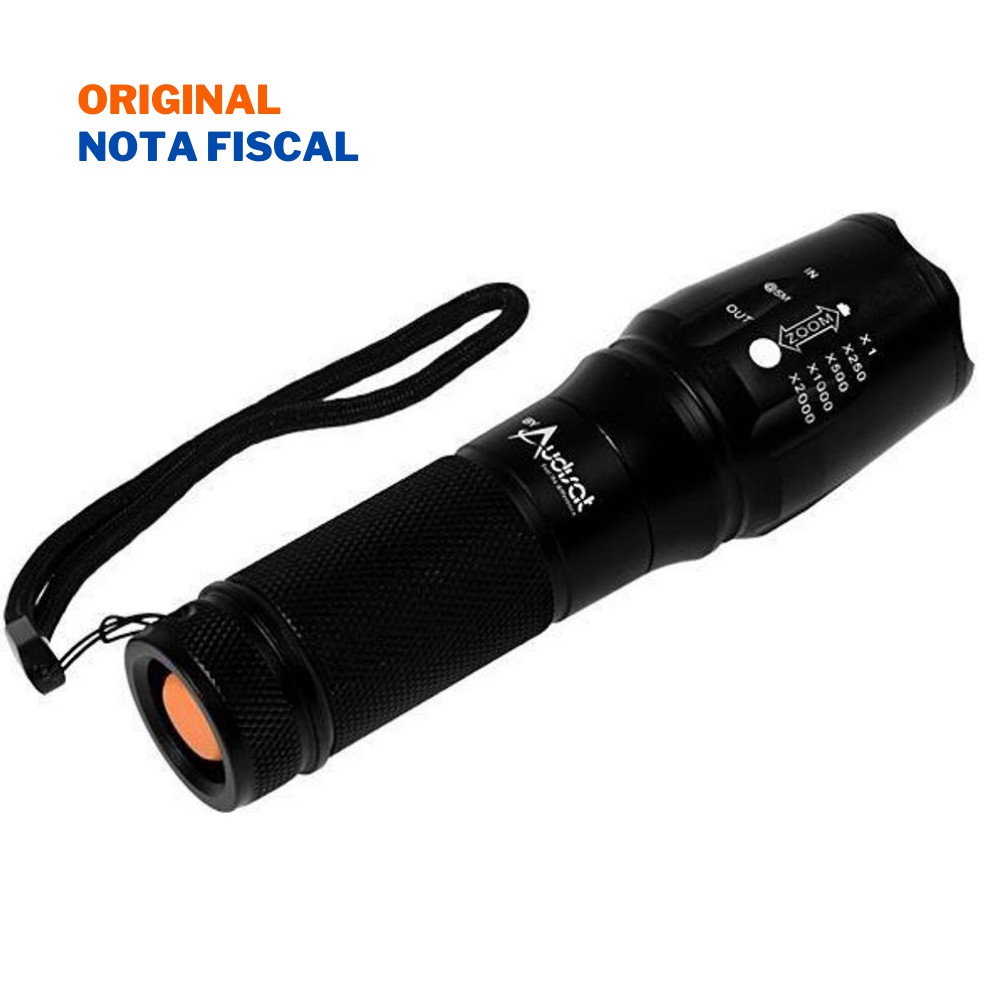 Lanterna Tática LED de Alumínio Audisat X900 com Zoom + Bateria 18650 + Adap. Pilha AAA + Carregador