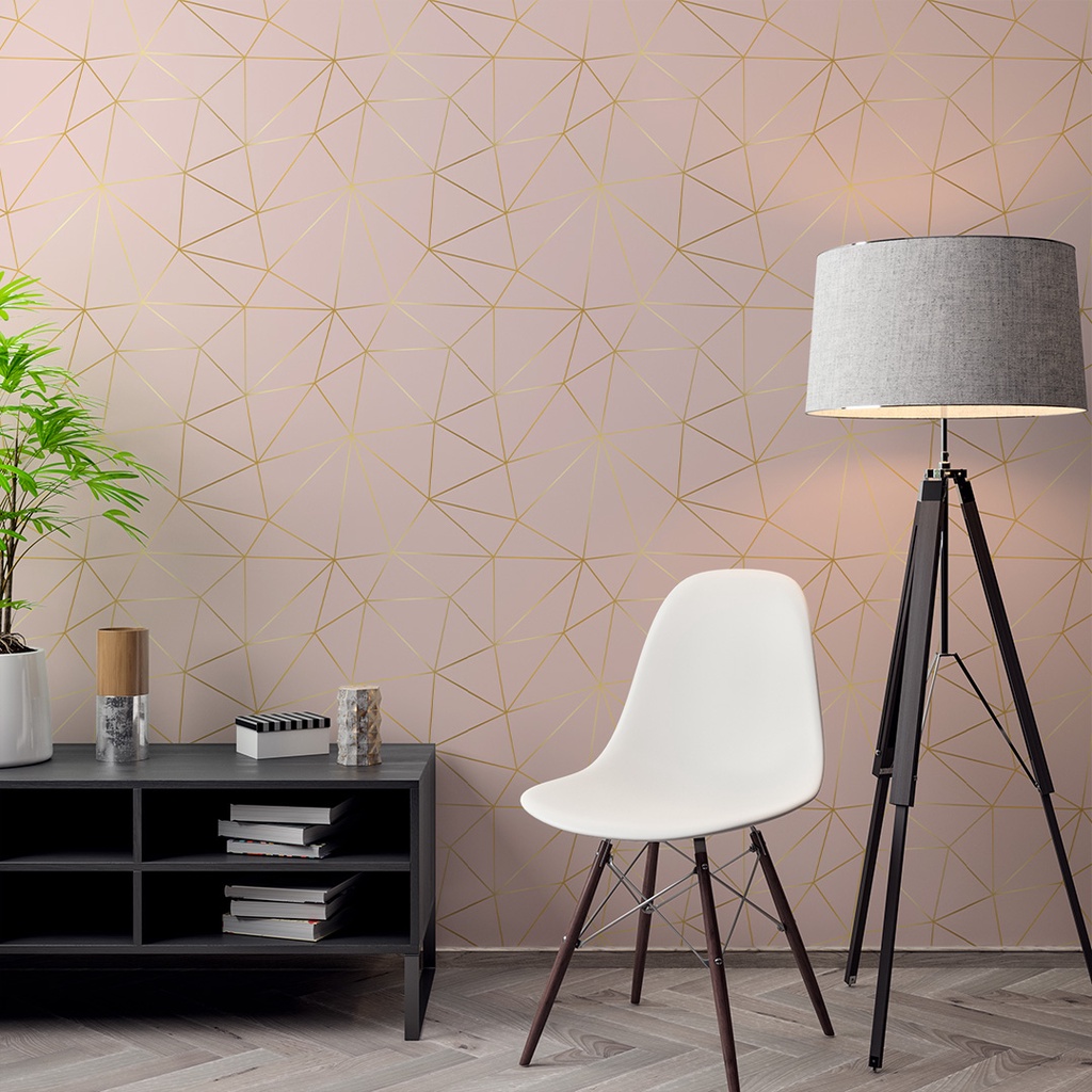 Papel de Parede Adesivo Zara Silver Linhas Douradas Com Fundo Rosa Lavável Decoração Vinilico Sala Quarto 3D - Pro Decor
