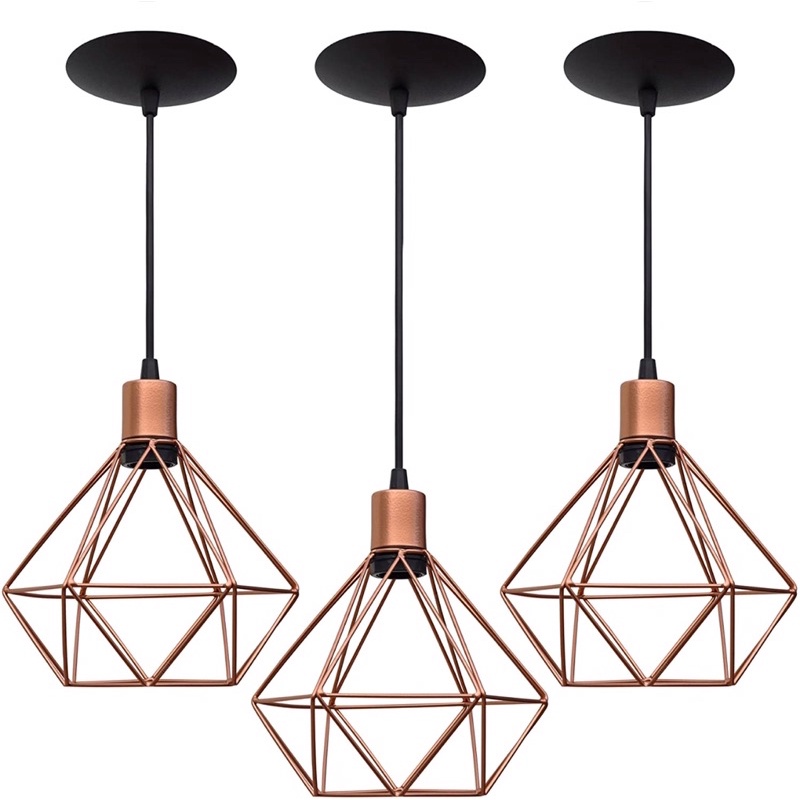 kit 3 Luminárias de Teto Pendente Diamante Aramado Cobre Vintage Retro Industrial Lustre