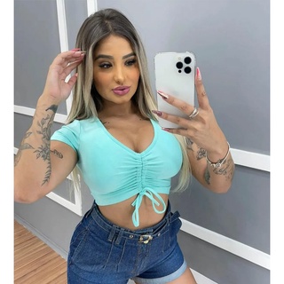 Croped feminino franzido no peito Croped drapeado
