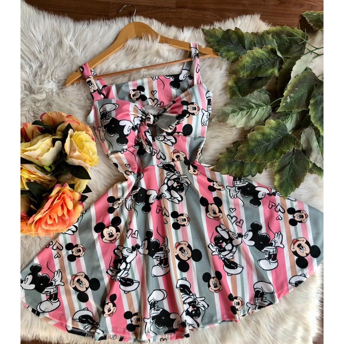Vestido boneca rodado laço listradinho adulto disney mickey minnie